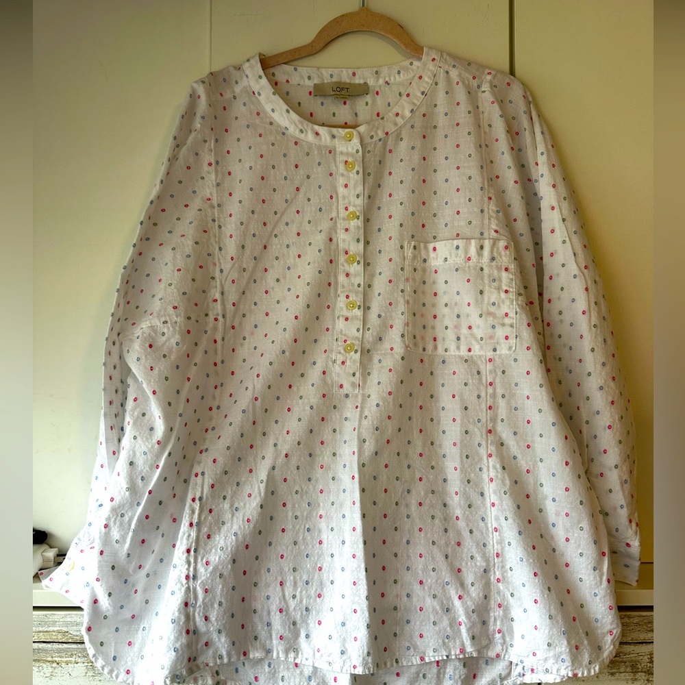 🤍 LOFT White Multicolor Polka Dot Cotton Tunic Top Size XL